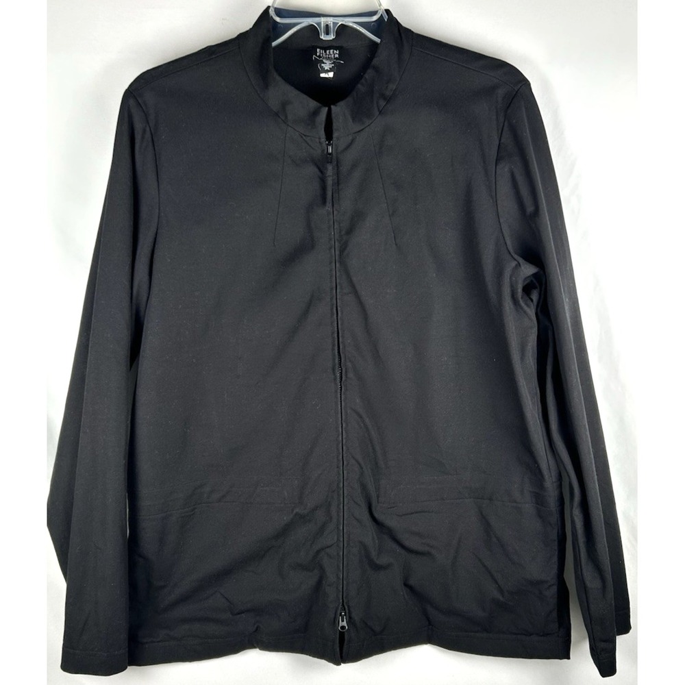 Eileen Fisher Black Zip Front Stretch Jacket Petite L PL Cotton Basic Minimalist